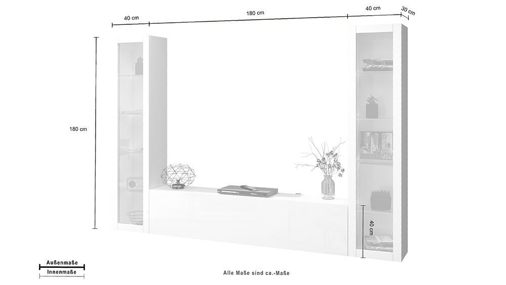 Soggiorno MARUSKA Parete Attrezzata 260 cm, Vetrine in Vetro e Porta TV Bianco Lucido