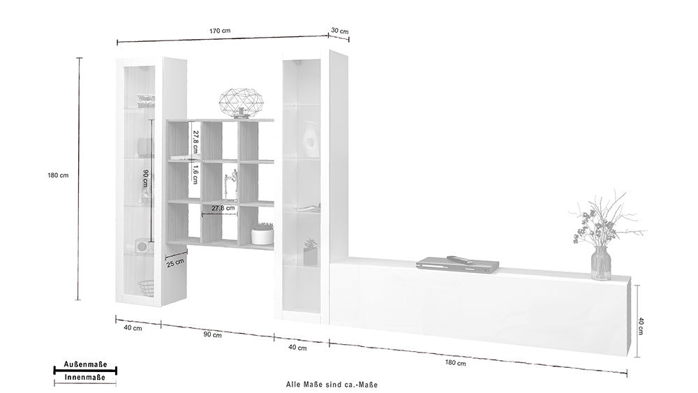 Soggiorno MARUSKA  - Parete Attrezzata 350 cm con Vetrine, Porta TV e Libreria