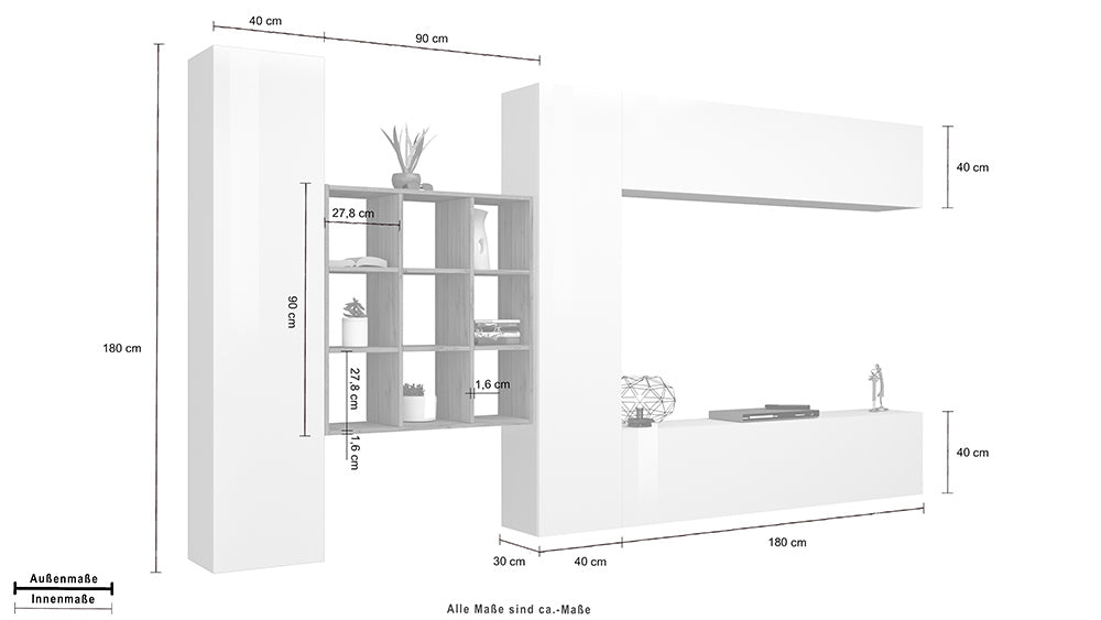 Soggiorno MARUSKA  Parete Attrezzata 350 cm, Bianco Lucido/Antracite, Libreria Rovere Wotan