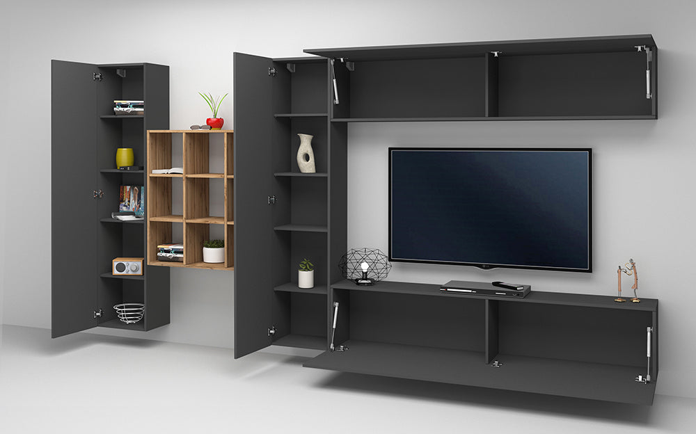 Soggiorno MARUSKA  Parete Attrezzata 350 cm, Bianco Lucido/Antracite, Libreria Rovere Wotan