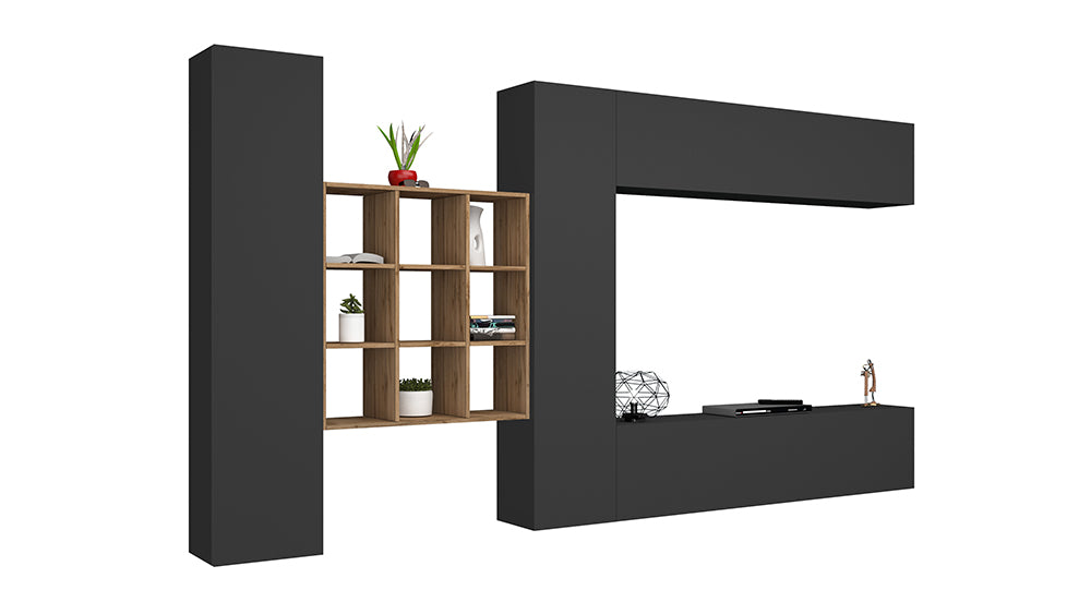 Soggiorno MARUSKA  Parete Attrezzata 350 cm, Bianco Lucido/Antracite, Libreria Rovere Wotan