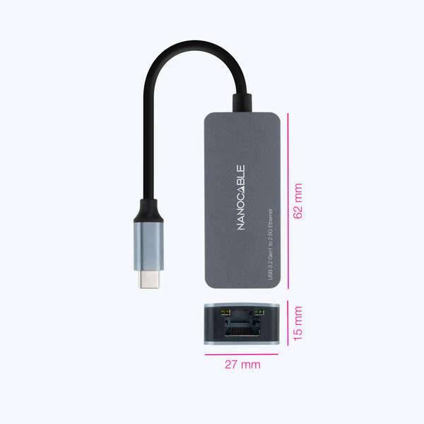 Nanocable Convertitore USB-C 3.2 GEN1 Ethernet 2.5G 15cm - Colore Grigio