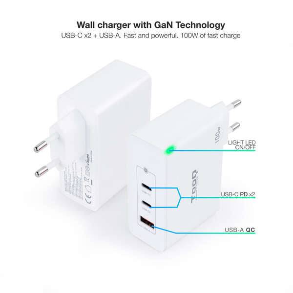 Tooq Caricabatterie da Parete Gan 2xUSB-C/PD + USB-A/QC 100W