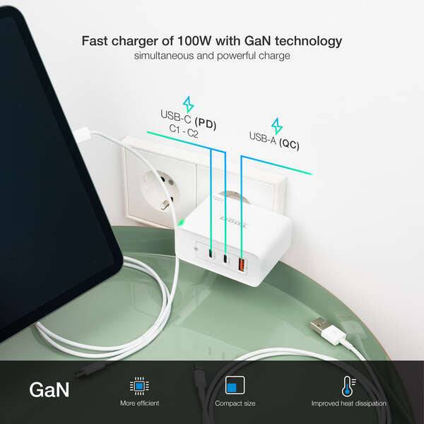 Tooq Caricabatterie da Parete Gan 2xUSB-C/PD + USB-A/QC 100W