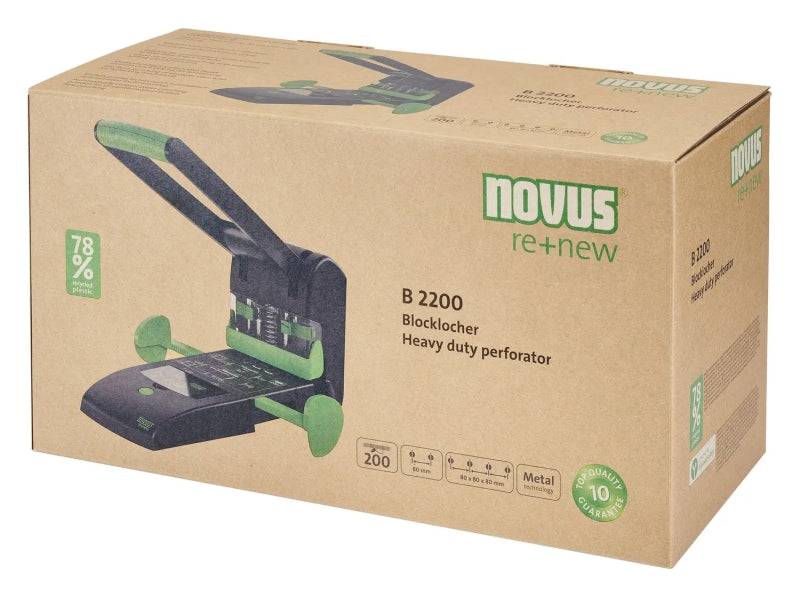Novus B 2200 re+new Perforatrice per Spessori - Realizzata in Plastica Riciclata - Fino a 200 Fogli - Perforazione a 2 o 4 Fori