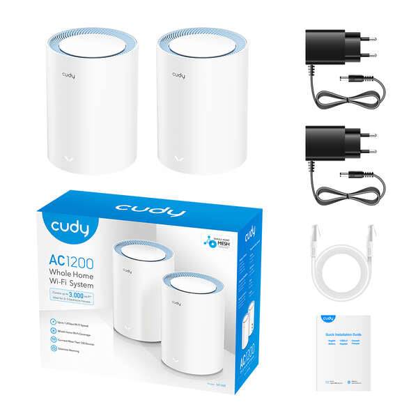 Cudy M1200 Confezione 2 Sistemi WiFi Mesh AC1200 Dual Band - 867Mbps in 5GHz, 300Mbps in 2,4GHz - 1x Porta LAN 10/100Mbps, 1x Porta WAN 10/100Mbps - 2 Antenne Interne