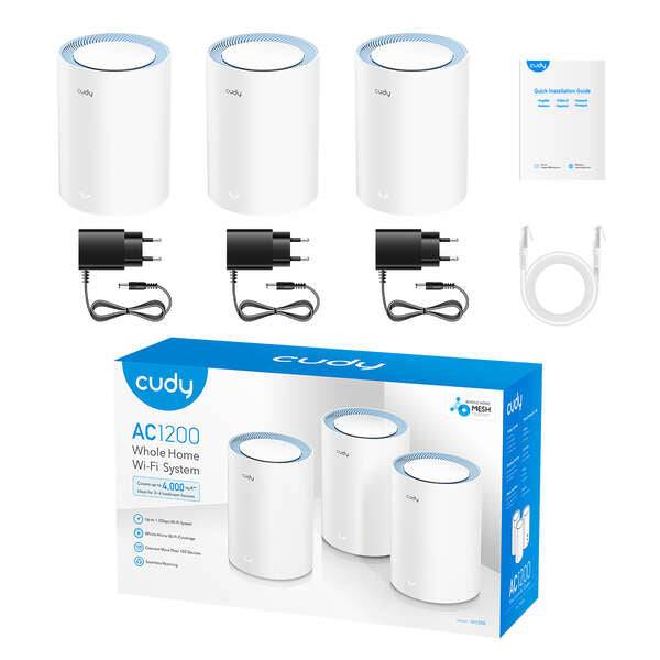 Cudy M1200 Pack 3 Sistemi WiFi Mesh AC1200 Dual Band - 867Mbps su 5GHz, 300Mbps su 2,4GHz - 1x Porta LAN 10/100Mbps, 1x Porta WAN 10/100Mbps - 2 Antenne Interne