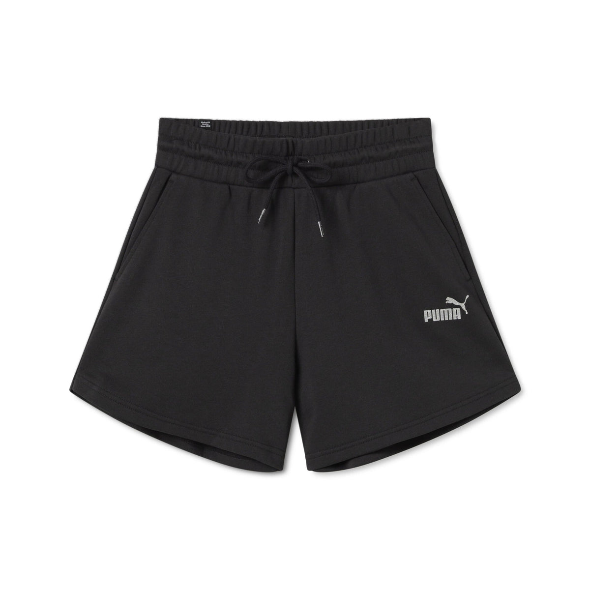 Pantaloncini sportivi neri con vita alta elasticizzata e coulisse, logo Puma sulla gamba, ideali per attività fisica e tempo libero.