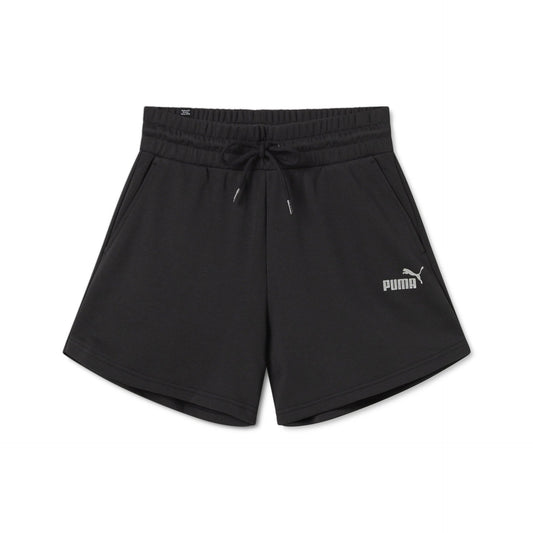 Pantaloncini sportivi neri con vita alta elasticizzata e coulisse, logo Puma sulla gamba, ideali per attività fisica e tempo libero.