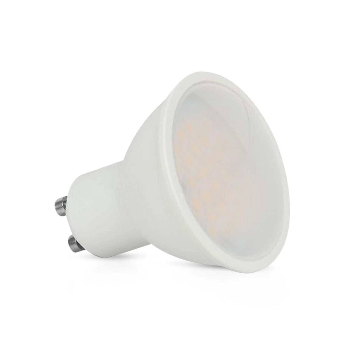 Faretto LED GU10 10W con copertura satinata bianca, angolo di emissione 100°, compatibile con supporto standard GU10, ideale per illuminazione domestica.