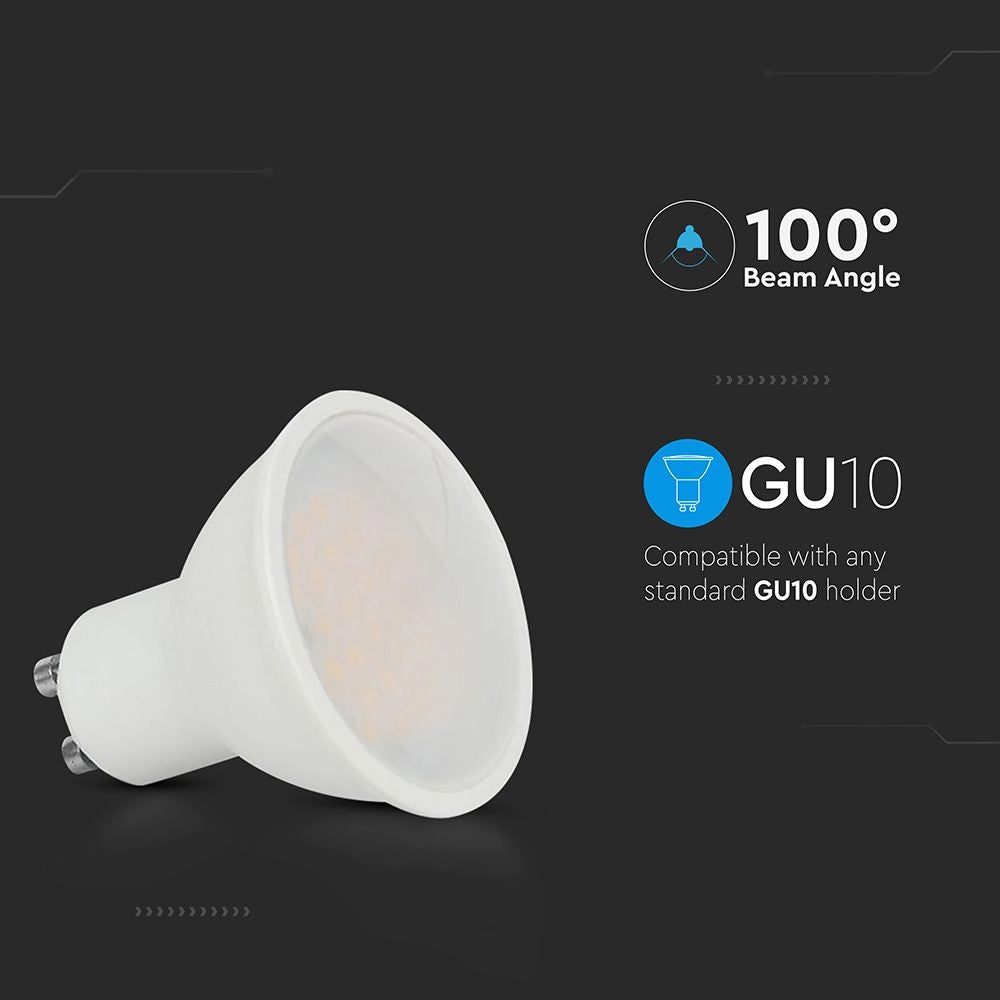 Faretto LED GU10 10W con design compatto e luce brillante, perfetto per illuminazione spot, con angolo di 100° e copertura satinata bianca.