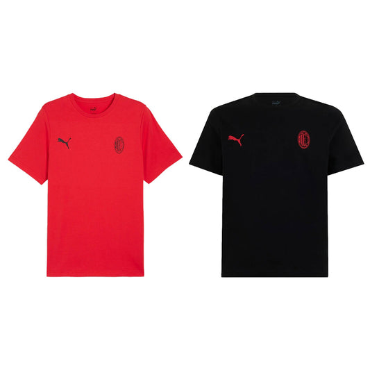 Maglietta sportiva rossa con logo Puma e scudo AC Milan, tessuto cotone traspirante, maniche corte, ideale per attività sportive e tempo libero