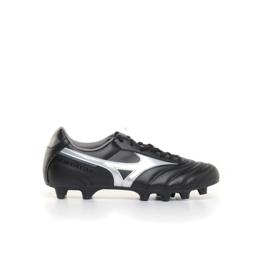 Scarpe calcio Mizuno Morelia II Club MD in pelle sintetica nera con dettagli bianchi, supporto e tacchetti per campi naturali, SKU: 5059431843095