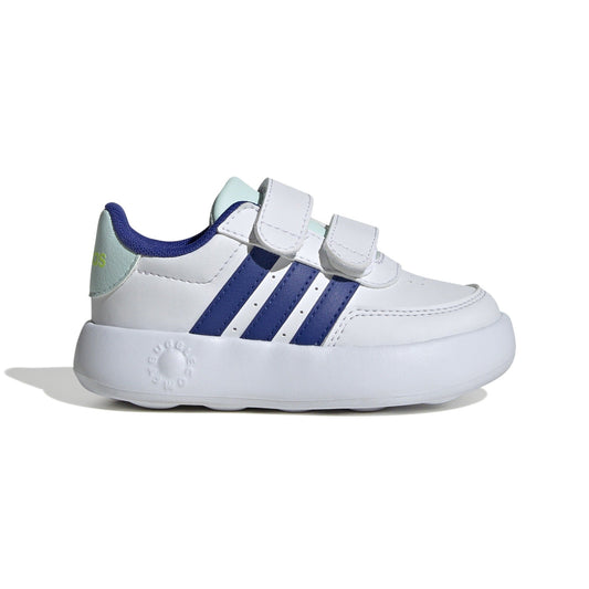 Sneaker bambino Adidas Breaknet 2.0 in similpelle bianca con dettagli blu, chiusura a strappo, suola in gomma, stile sportivo e confortevole