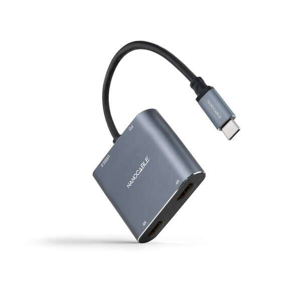 Nanocable Convertitore USB-C a 2x HDMI, 1x USB 2.0 e 1x USB-C PD - Lunghezza Cavo 15cm - Colore Grigio