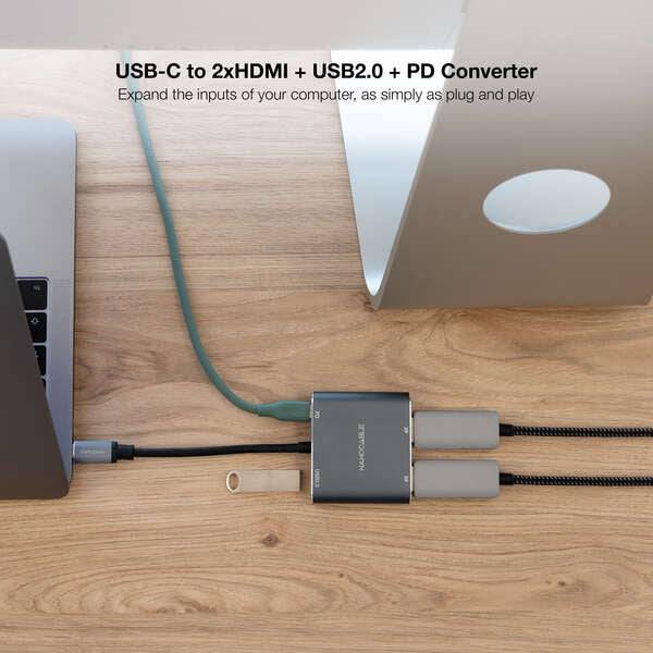 Nanocable Convertitore USB-C a 2x HDMI, 1x USB 2.0 e 1x USB-C PD - Lunghezza Cavo 15cm - Colore Grigio
