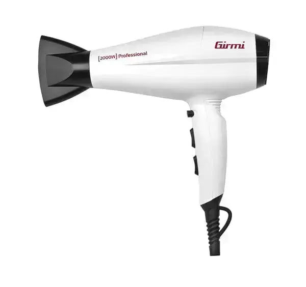 Asciugacapelli professionale Girmi 1800/2200W bianco con motore AC, 2 velocità, 3 temperature e diffusore, ideale per uso domestico e saloni.