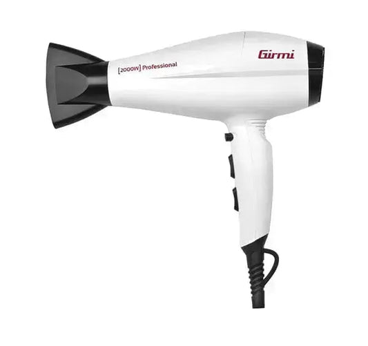 Asciugacapelli professionale Girmi 1800/2200W bianco con motore AC, 2 velocità, 3 temperature e diffusore, ideale per uso domestico e saloni.