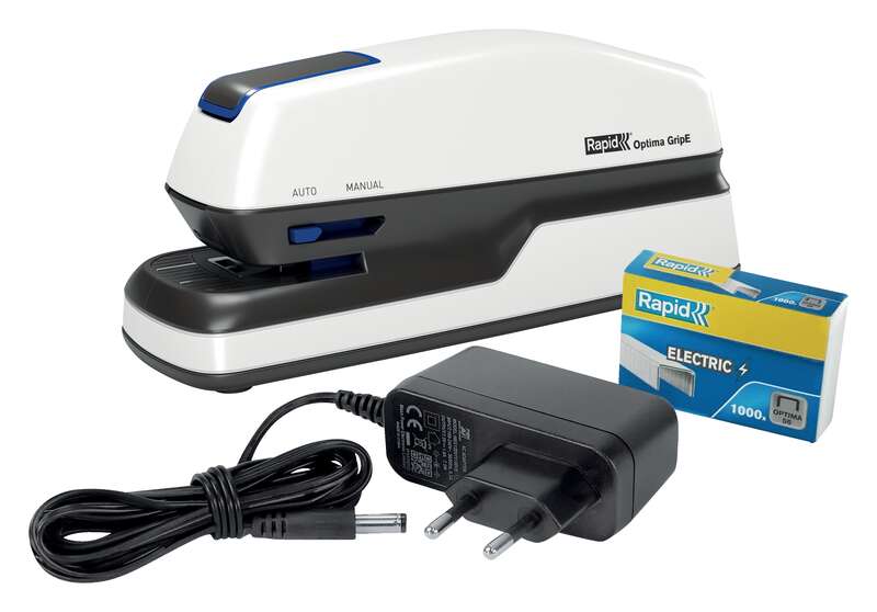Rapid Optima GripE Pinzatrice Elettrica da Scrivania + Confezione di 1000 Punti Metallici - Fino a 20 Fogli - Utilizza Punti Metallici Optima 56 - Colore Grigio/Nero