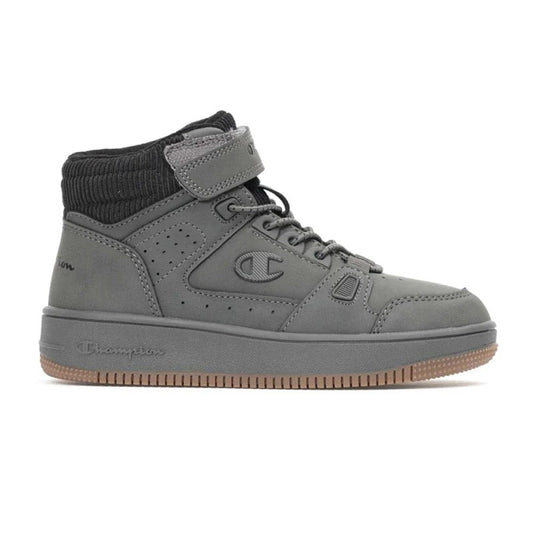 Sneaker alte bambino Champion RD18 Cord Mid Boy PS in materiale sintetico grigio con suola in gomma color marrone chiusura con lacci e cinturino
