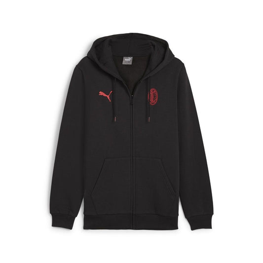 Felpa con cappuccio nera in tessuto morbido, con zip frontale, logo Puma rosa sulla spalla sinistra e stemma AC Milan rosso sul petto, ideale per sport e tempo libero - SKU: 4067981527960