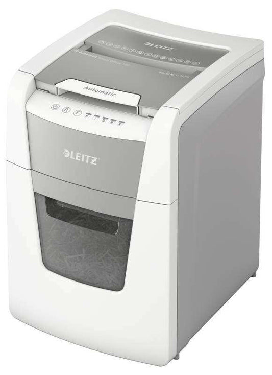 Leitz IQ 100 Autofeed P4 Distruggidocumenti Automatico Taglio a Frammenti P-4 - Alimentazione Automatica 100 Fogli, Manuale 8 Fogli - Capacità Vaschetta 34L - Colore Bianco/Grigio