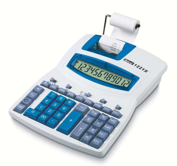 Ibico 1221x Calcolatrice Semi-Professionale Display LCD 12 Cifre - Stampa a 2 Colori - Velocità di Stampa 2.4 Linee per Secondo - Tastiera Professionale - Colore Bianco/Blu