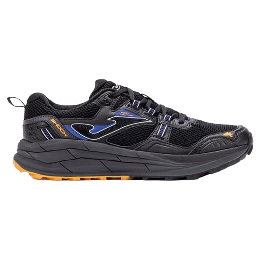 Scarpe da trail running uomo nere con tomaia traspirante, suola resistente e dettagli blu e arancioni, ideali per attività sportive all'aperto.