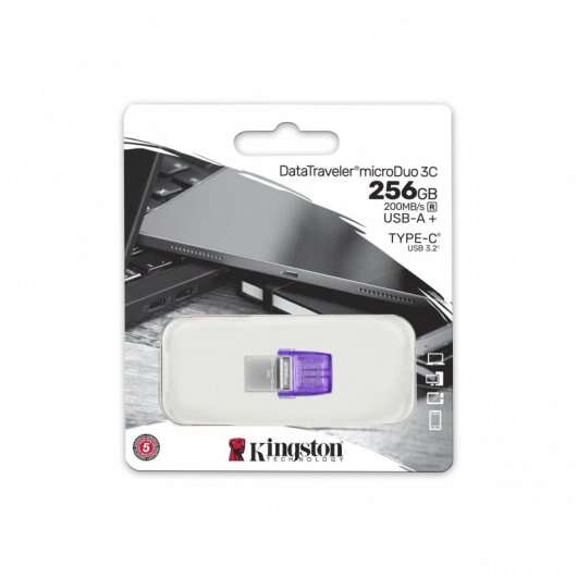 Kingston DataTraveler microDuo 3C Memoria USB-A + USB-C 256GB 3.2 Gen 1 - Velocità Lettura 200 MB/s - Tappo Protettore (Pendrive)
