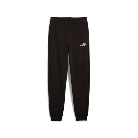 Pantaloni sportivi neri in tessuto morbido con vita elasticizzata e polsini, logo Puma bianco sulla gamba, ideali per allenamento e casual