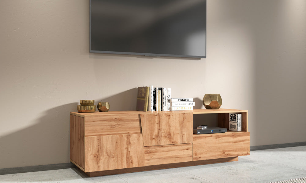 Porta TV PONGO 150 cm - Rovere Wotan, con ante, vano e cassetto