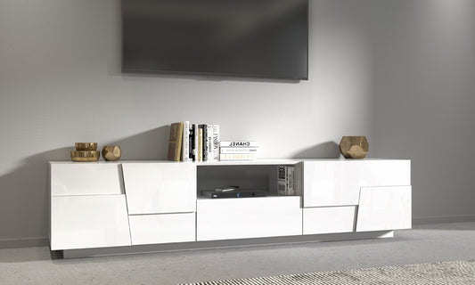 Porta TV PONGO 220 cm - Mobile Moderno con 4 Ante, Vano a Giorno e Cassetto Scorrevole