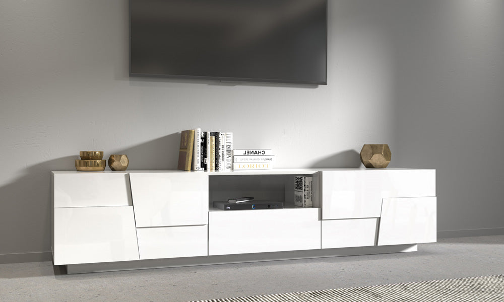 Porta TV PONGO 220 cm - Mobile Moderno con 4 Ante, Vano a Giorno e Cassetto Scorrevole