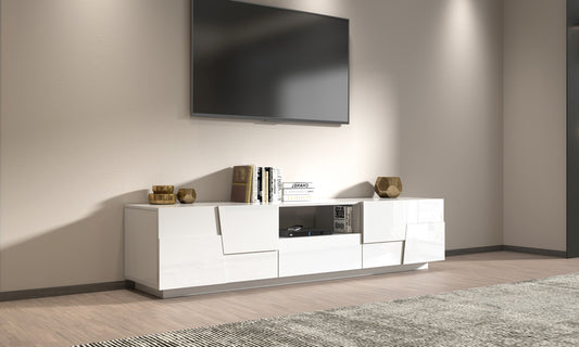 Porta TV PONGO 220 cm - Mobile Moderno con 4 Ante, Vano a Giorno e Cassetto Scorrevole