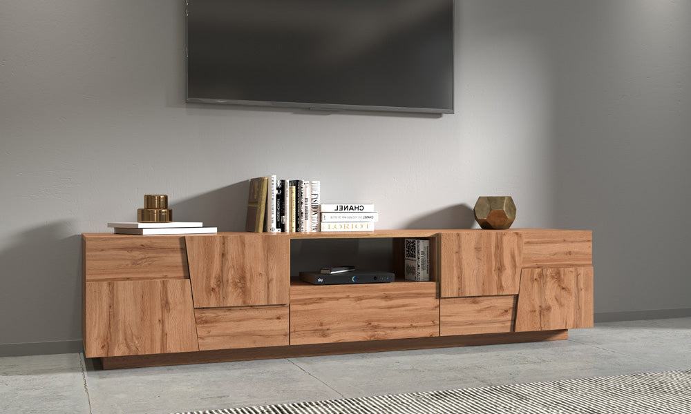 Porta TV PONGO 220 cm - Mobile Moderno con 4 Ante, Cassetto e Vano a Giorno