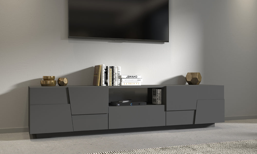 Porta TV PONGO 220 cm - Mobile Moderno con 4 Ante, Cassetto e Vano a Giorno