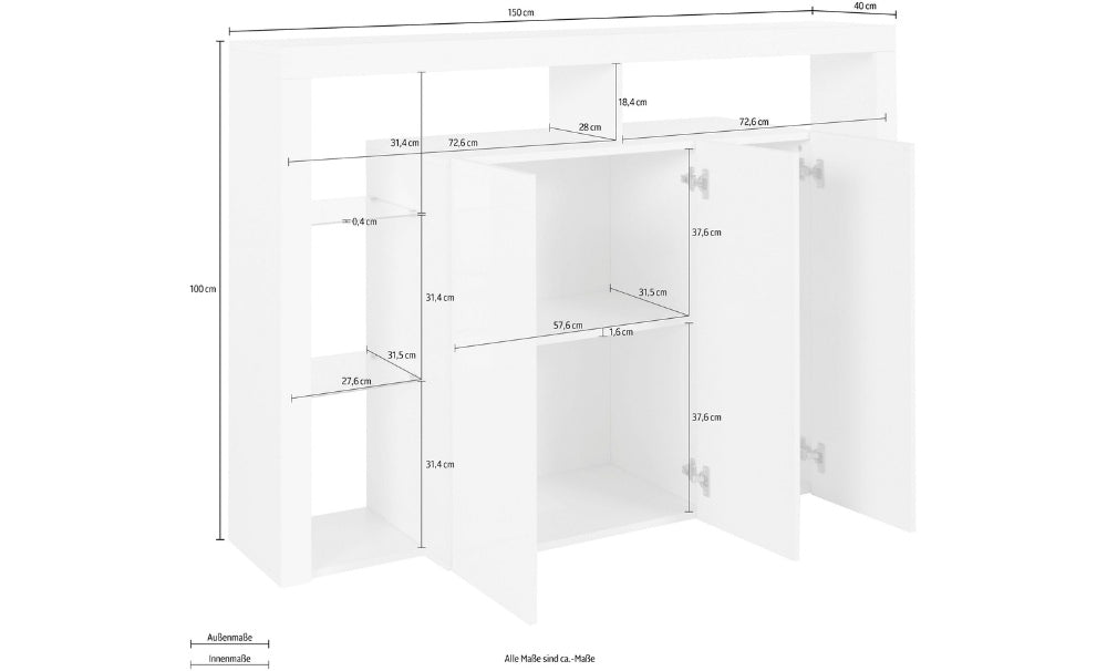 Madia Alta ESSENTIAL 150 cm, Bianco Laccato, Ripiani in Vetro, Made in Italy
