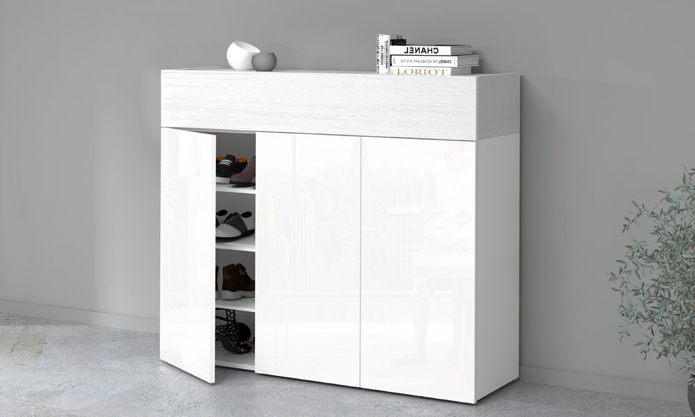 Scarpiera SAVONA 3 Ante e Ribalta - Bianco Lucido/Bianco Larice, Moderna e Capiente