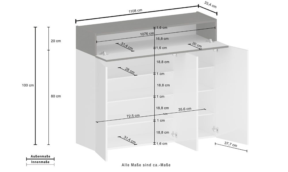 SAVONA Schuhregal mit 3 Türen und Klappfunktion, Weiß glänzend/Wotan-Eiche, modern und geräumig