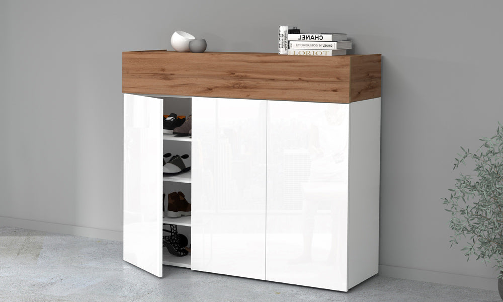 SAVONA Schuhregal mit 3 Türen und Klappfunktion, Weiß glänzend/Wotan-Eiche, modern und geräumig