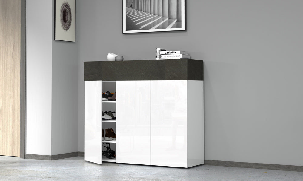 SAVONA Schuhregal mit 3 Türen und Klappblatt – Weiß glänzend/Report, modern und geräumig