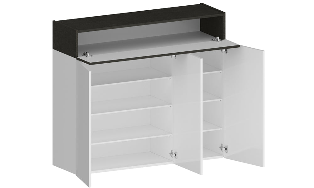 SAVONA Schuhregal mit 3 Türen und Klappblatt – Weiß glänzend/Report, modern und geräumig
