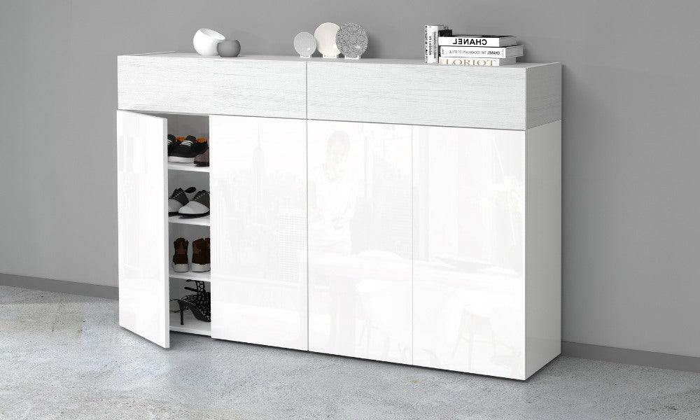 Meuble à chaussures SAVONA 4 portes et 2 abattants-Blanc brillant/Blanc mélèze, moderne et spacieux