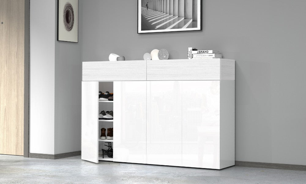 Meuble à chaussures SAVONA 4 portes et 2 abattants-Blanc brillant/Blanc mélèze, moderne et spacieux