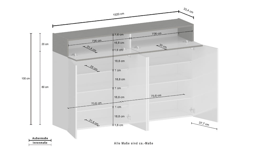 SAVONA Schuhregal 4 Türen und 2 Klappen - Weiß Hochglanz/Wotan Eiche, Modern und Geräumig