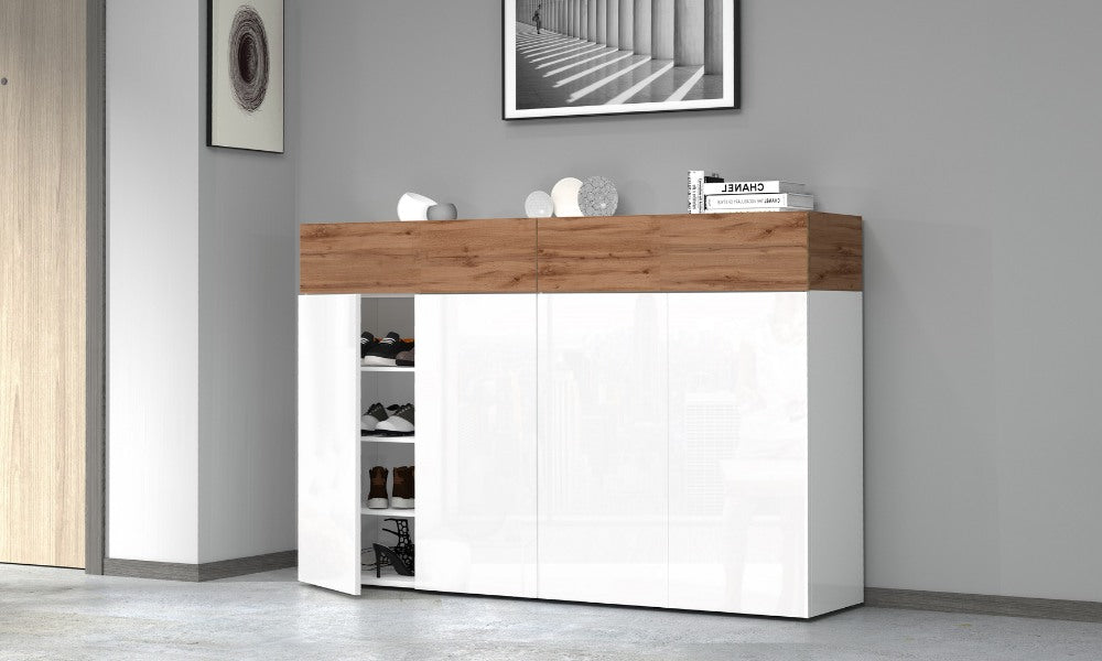 SAVONA Schuhregal 4 Türen und 2 Klappen - Weiß Hochglanz/Wotan Eiche, Modern und Geräumig