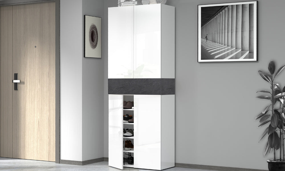 Armadio Scarpiera SAVONA 4 Ante e Ribalta - Bianco Lucido/Report, Moderna e Capiente