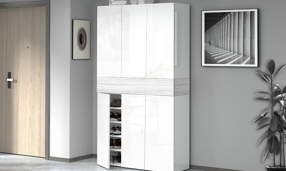 Scarpiera SAVONA 6 Ante e 1 Ribalta - Bianco Lucido/Bianco Larice, Moderna e Capiente