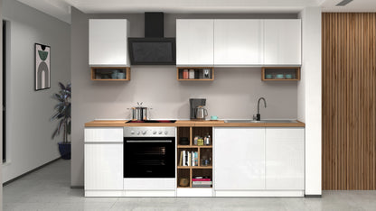 Cucina Lineare SOLE 256 cm - Bianco Lucido e Rovere, Design Moderno Made in Italy