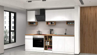 Cucina Lineare SOLE 256 cm - Bianco Lucido e Rovere, Design Moderno Made in Italy